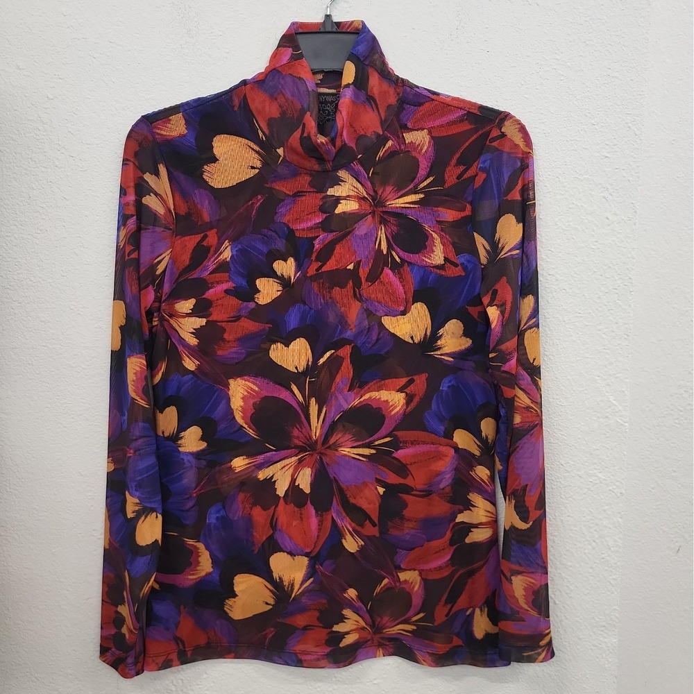 Johnny Was Jade Medium Floral Mesh Turtleneck Top Long Sleeve Multicolor